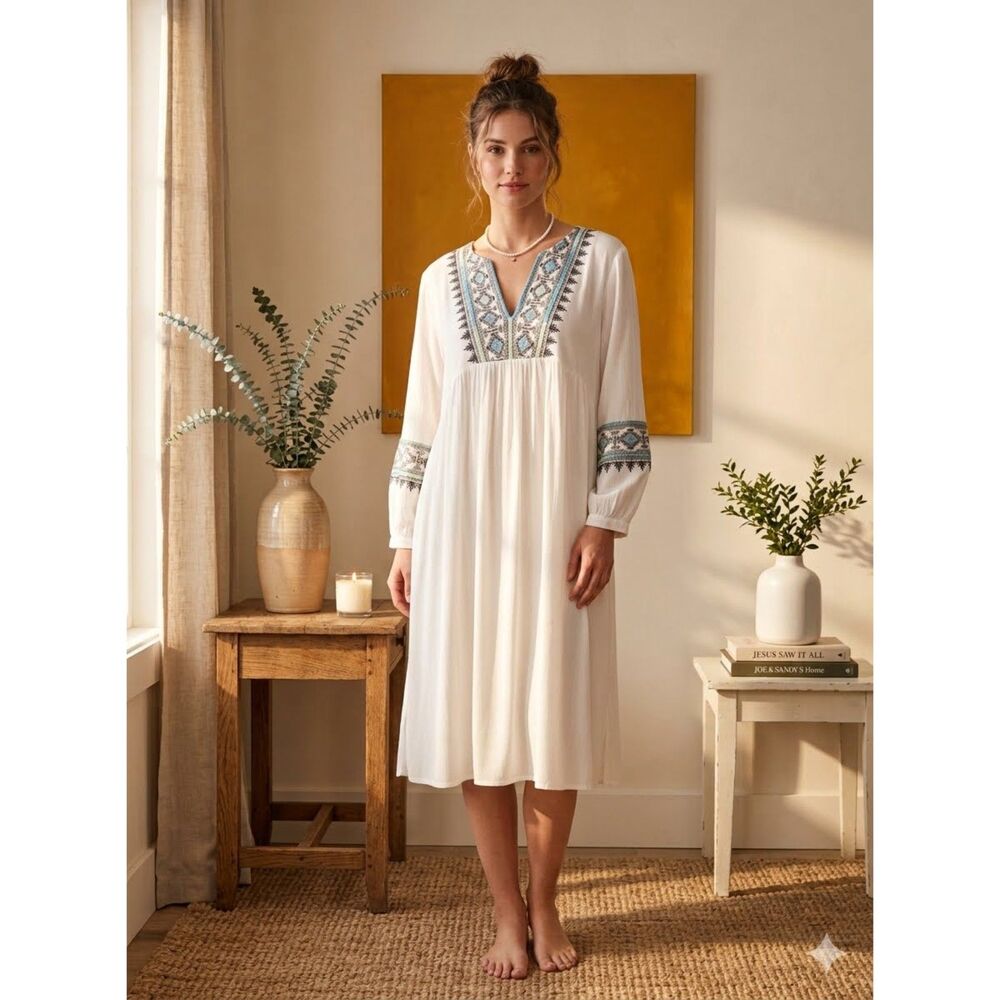 Soft Surroundings Daisha Gauze Dress Womens XL White Embroidered Boho Pockets